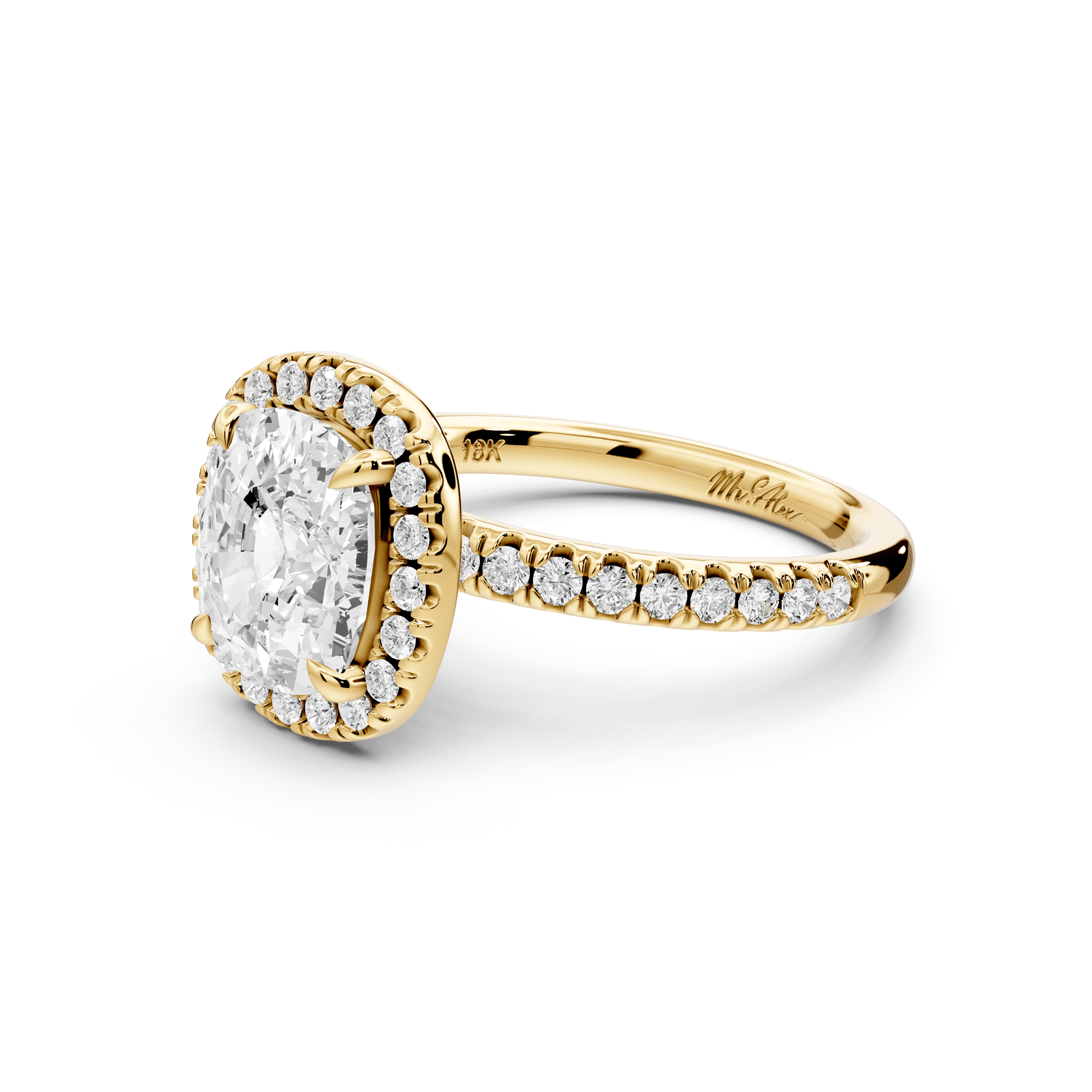Marina - 3ct 18k yellow gold cushion halo pavé half band engagement ring - Mr. Alex Jewelry