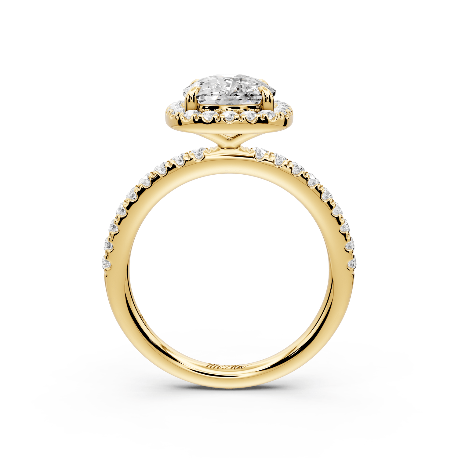 Marina - 3ct 18k yellow gold ecushion halo pavé half band engagement ring - Mr. Alex Jewelry