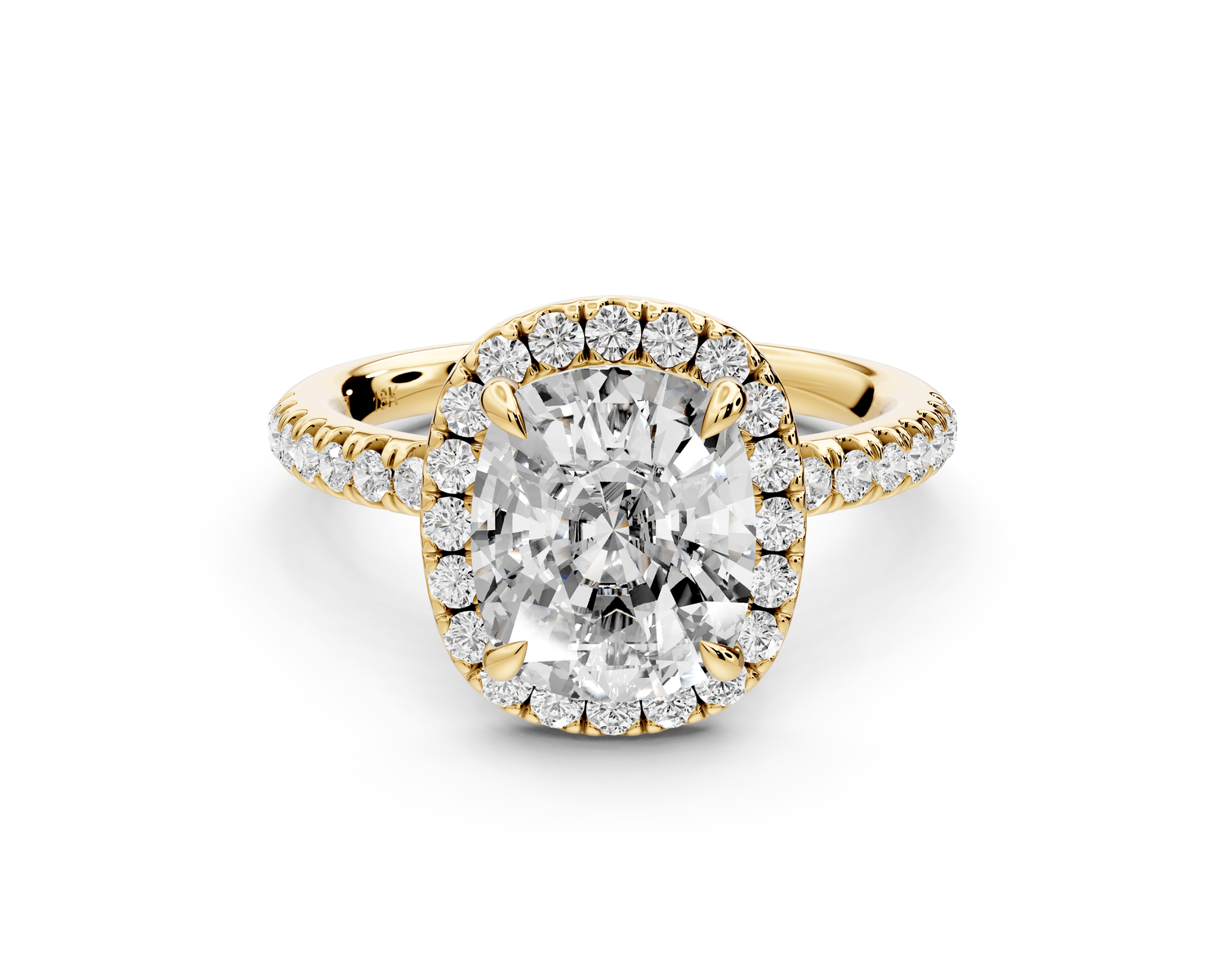 Marina - 3ct 18k yellow gold ecushion halo pavé half band engagement ring - Mr. Alex Jewelry