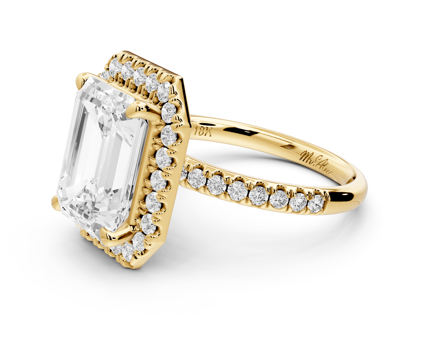 Marina - 3ct 18k yellow gold emerald halo pavé half band engagment ring - Mr. Alex Jewelry