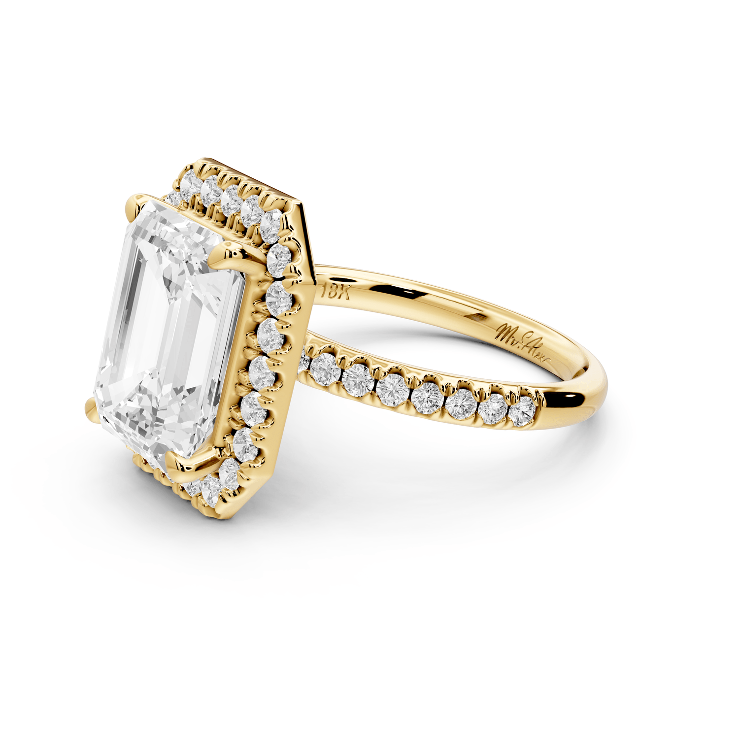 Marina - 3ct 18k yellow gold emerald halo pavé half band engagment ring - Mr. Alex Jewelry