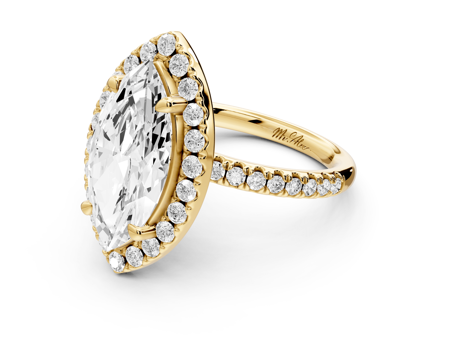 Marina - 3ct 18k yellow gold marquise halo pavé half band engagement ring - Mr. Alex Jewelry