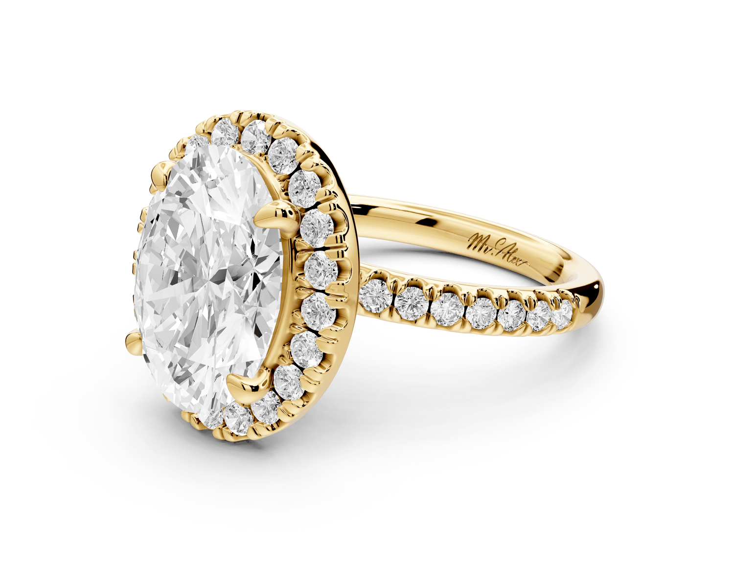 Marina - 3ct 18k yellow gold oval halo pavé half band engagment ring - Mr. Alex Jewelry