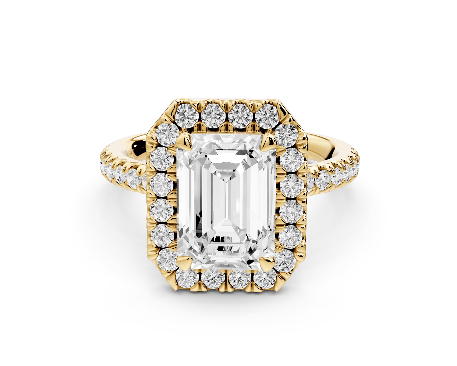 Marina - 3ct 18k yellow gold radiant halo pavé half band engagement ring - Mr. Alex Jewelry