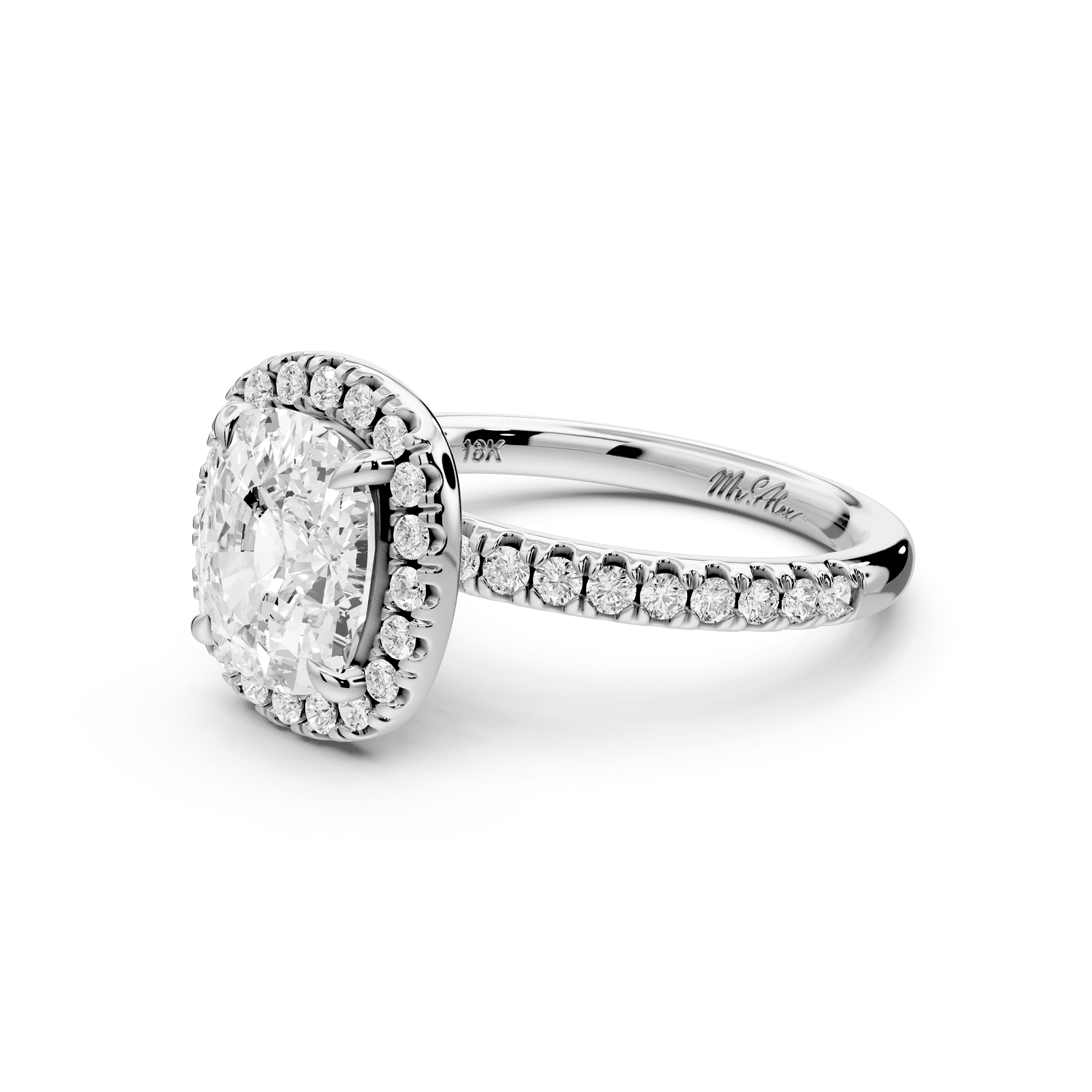Marina - 3ct platinum cushion halo pavé half band engagement ring - Mr. Alex Jewelry