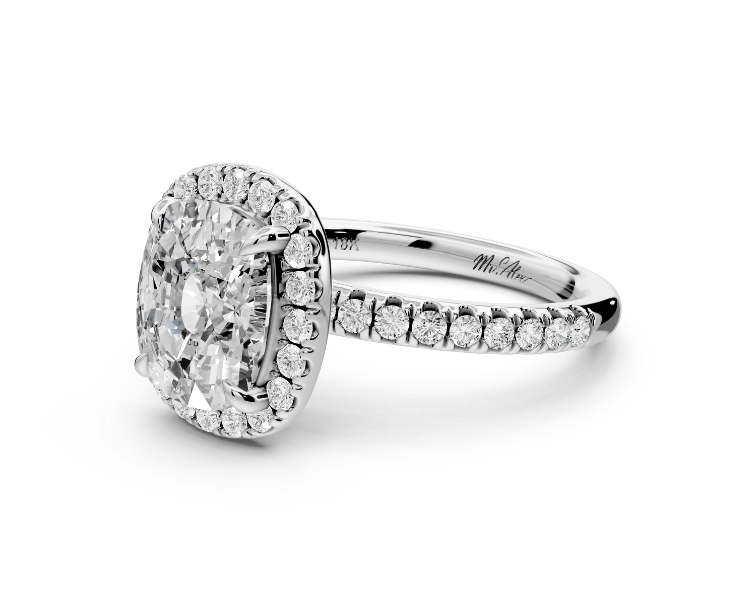 Marina - 3ct platinum ecushion halo pavé half band engagement ring - Mr. Alex Jewelry