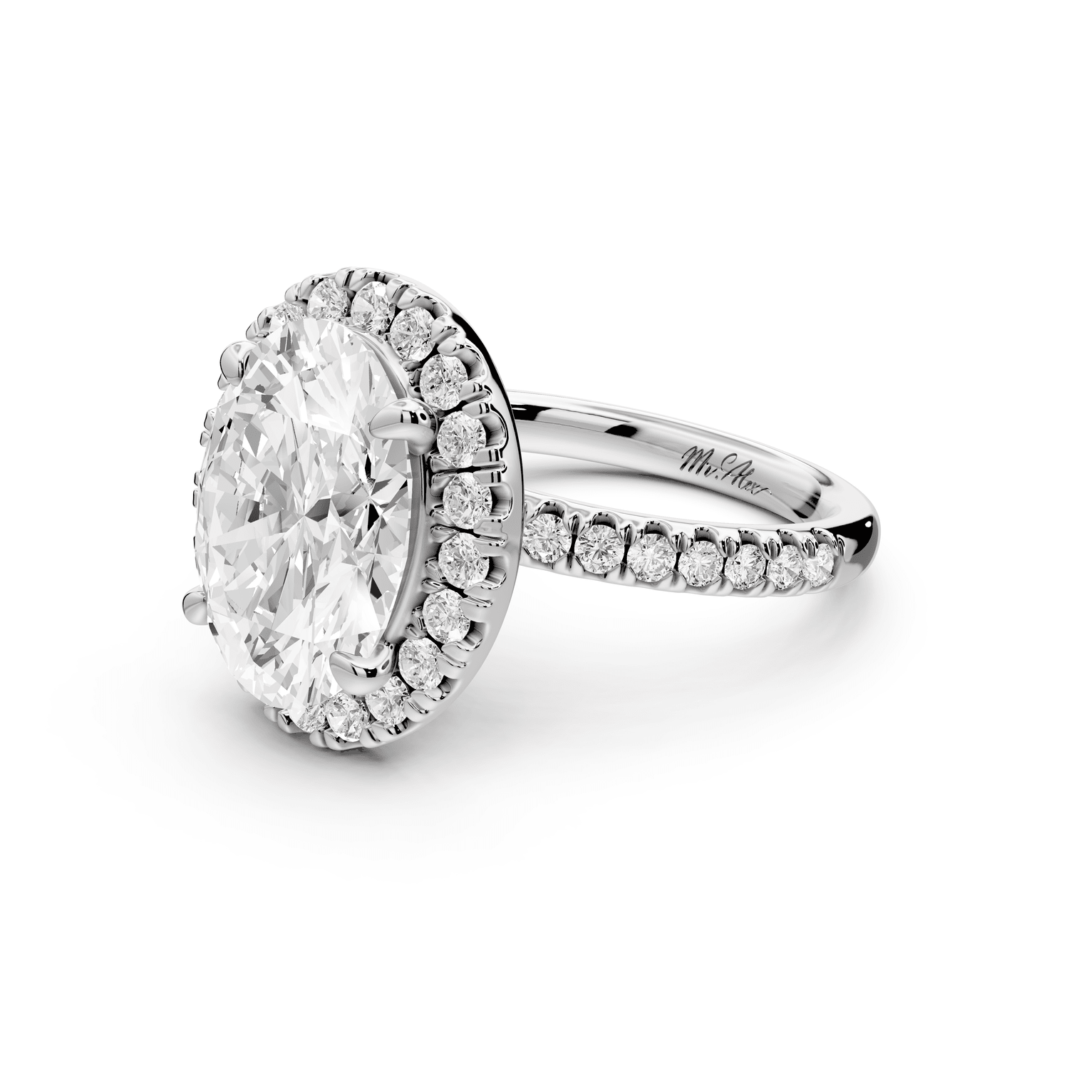 Marina - 3ct platinum oval halo pavé half band engagment ring - Mr. Alex Jewelry