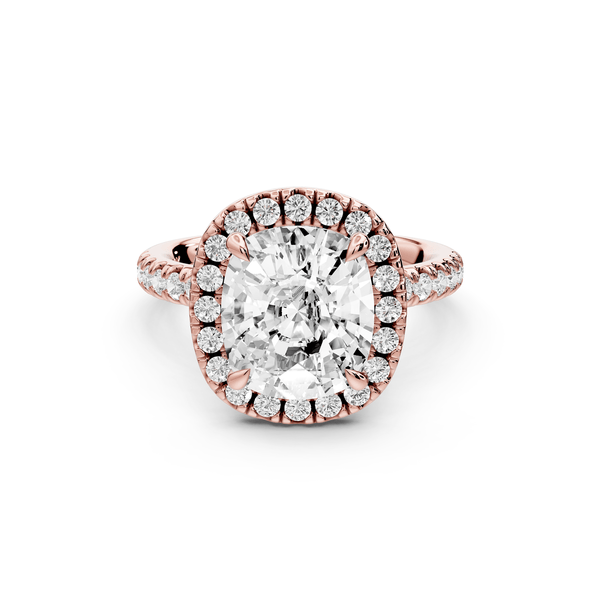 Marina - 4ct 14k rose gold cushion halo pavé half band engagement ring - Mr. Alex Jewelry