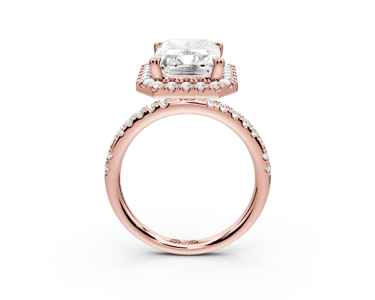Marina - 4ct 14k rose gold radiant halo pavé half band engagement ring - Mr. Alex Jewelry