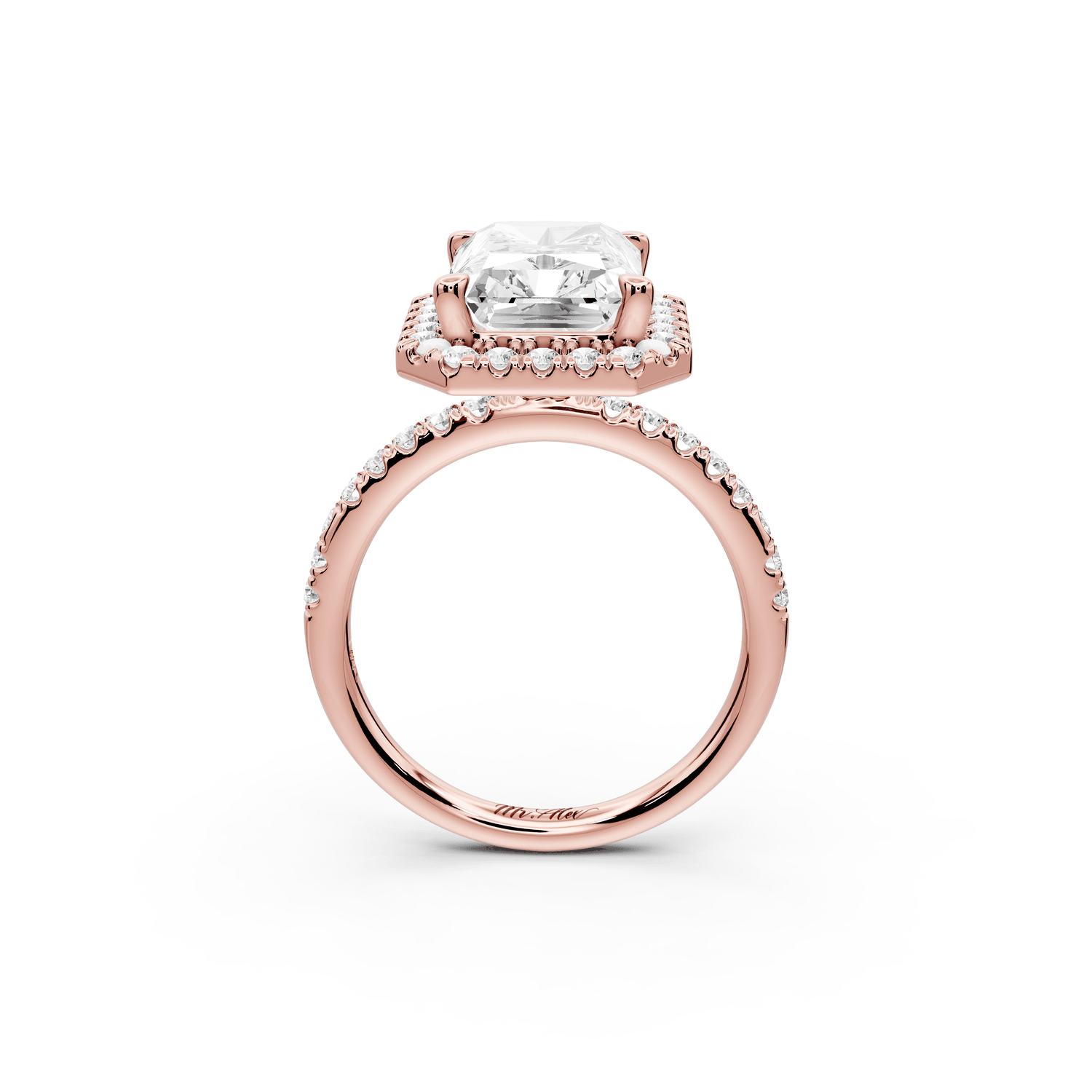 Marina - 4ct 14k rose gold radiant halo pavé half band engagement ring - Mr. Alex Jewelry