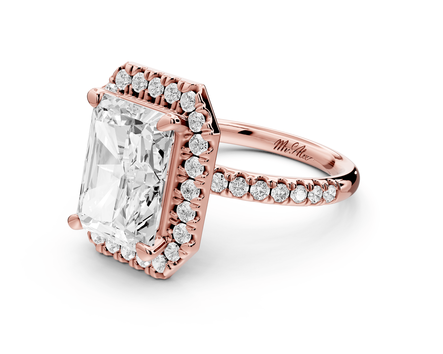 Marina - 4ct 14k rose gold radiant halo pavé half band engagement ring - Mr. Alex Jewelry