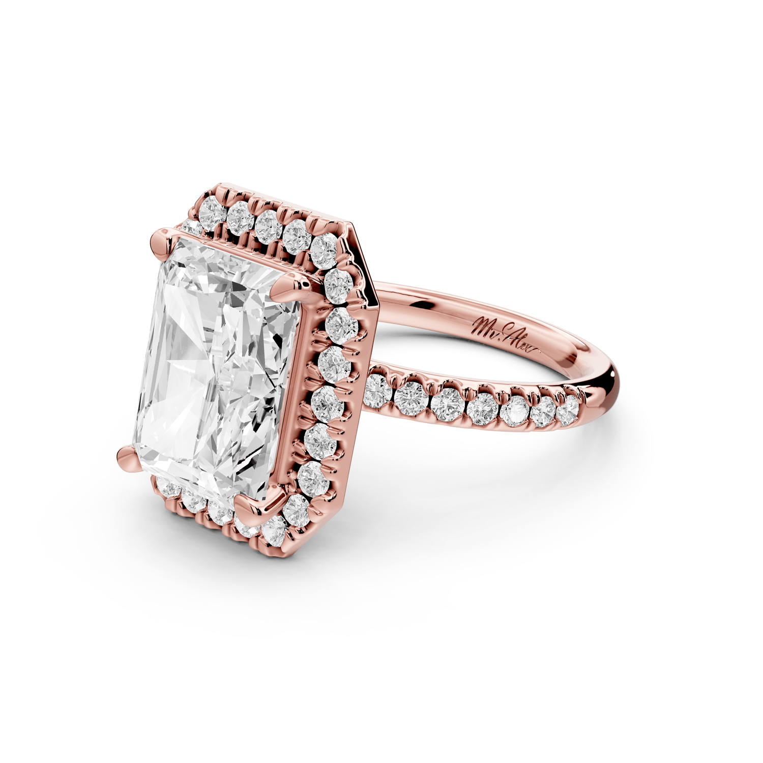 Marina - 4ct 14k rose gold radiant halo pavé half band engagement ring - Mr. Alex Jewelry