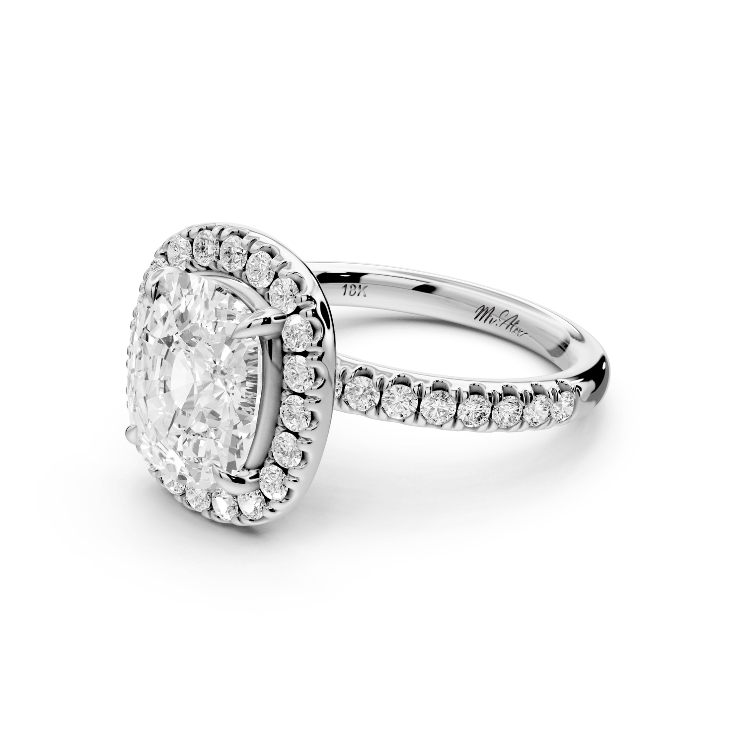 Marina - 4ct 14k white gold ecushion halo pavé half band engagement ring - Mr. Alex Jewelry