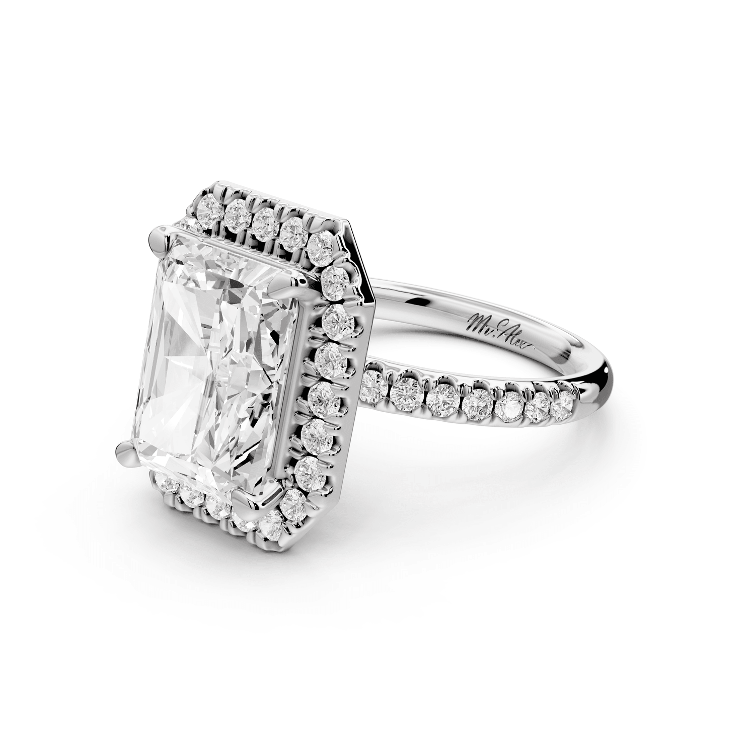 Marina - 4ct 14k white gold radiant halo pavé half band engagement ring - Mr. Alex Jewelry