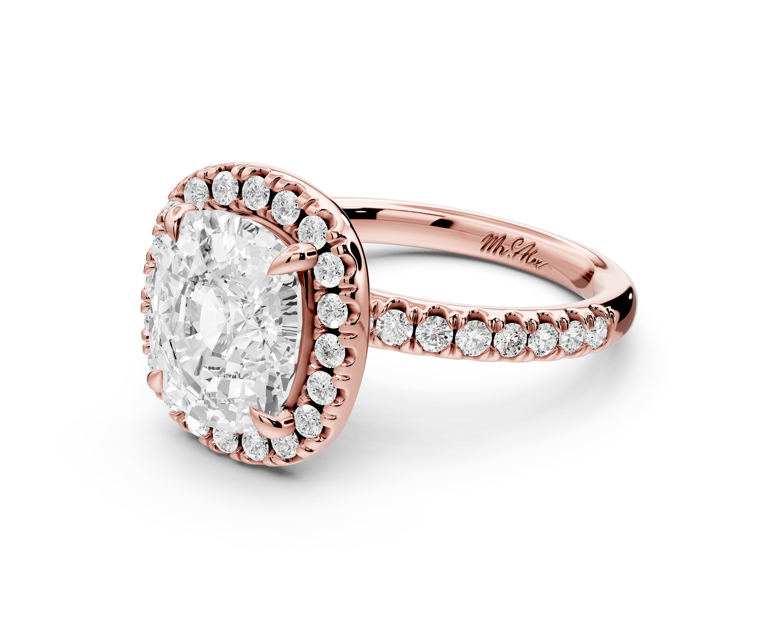 Marina - 4ct 18k rose gold cushion halo pavé half band engagement ring - Mr. Alex Jewelry
