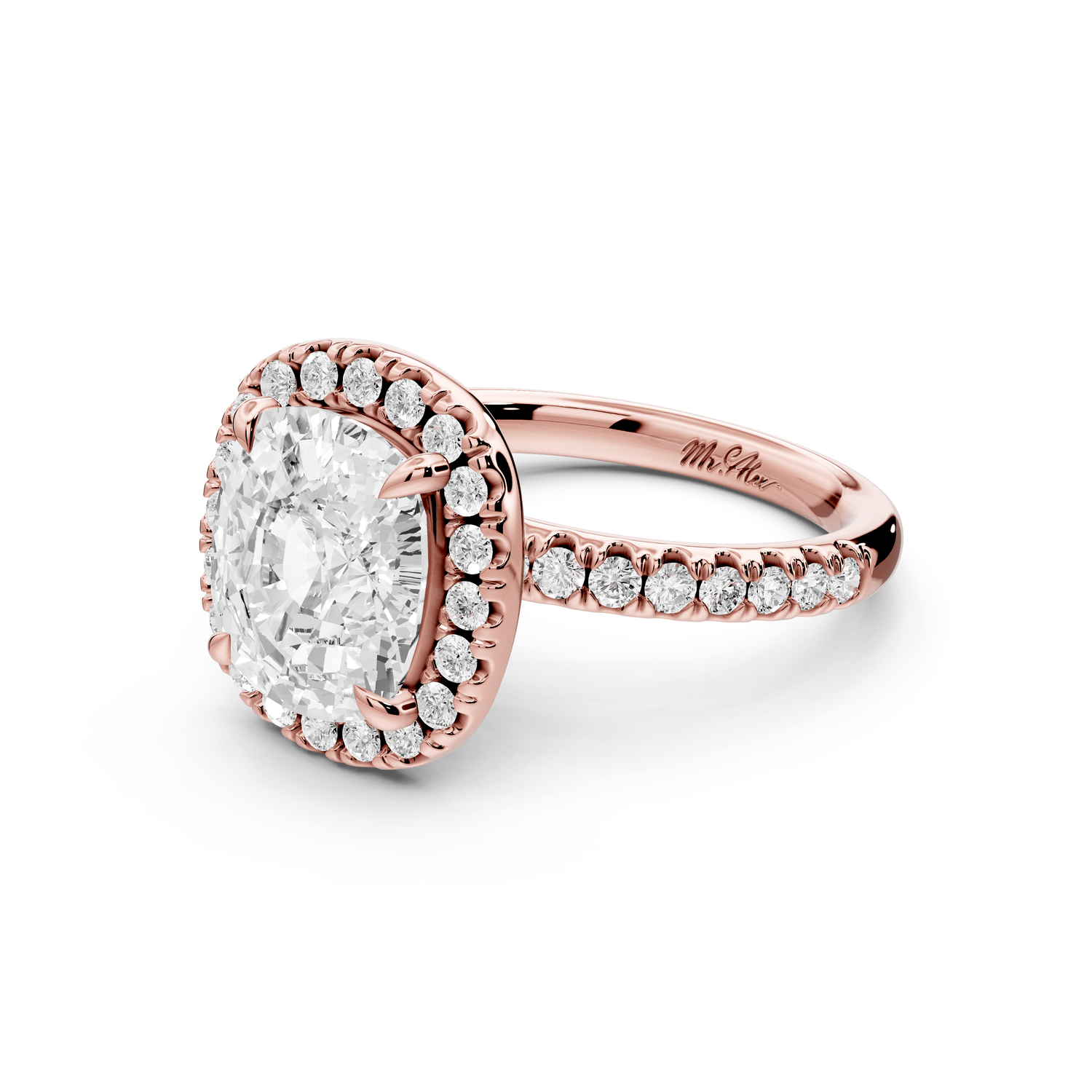 Marina - 4ct 18k rose gold cushion halo pavé half band engagement ring - Mr. Alex Jewelry