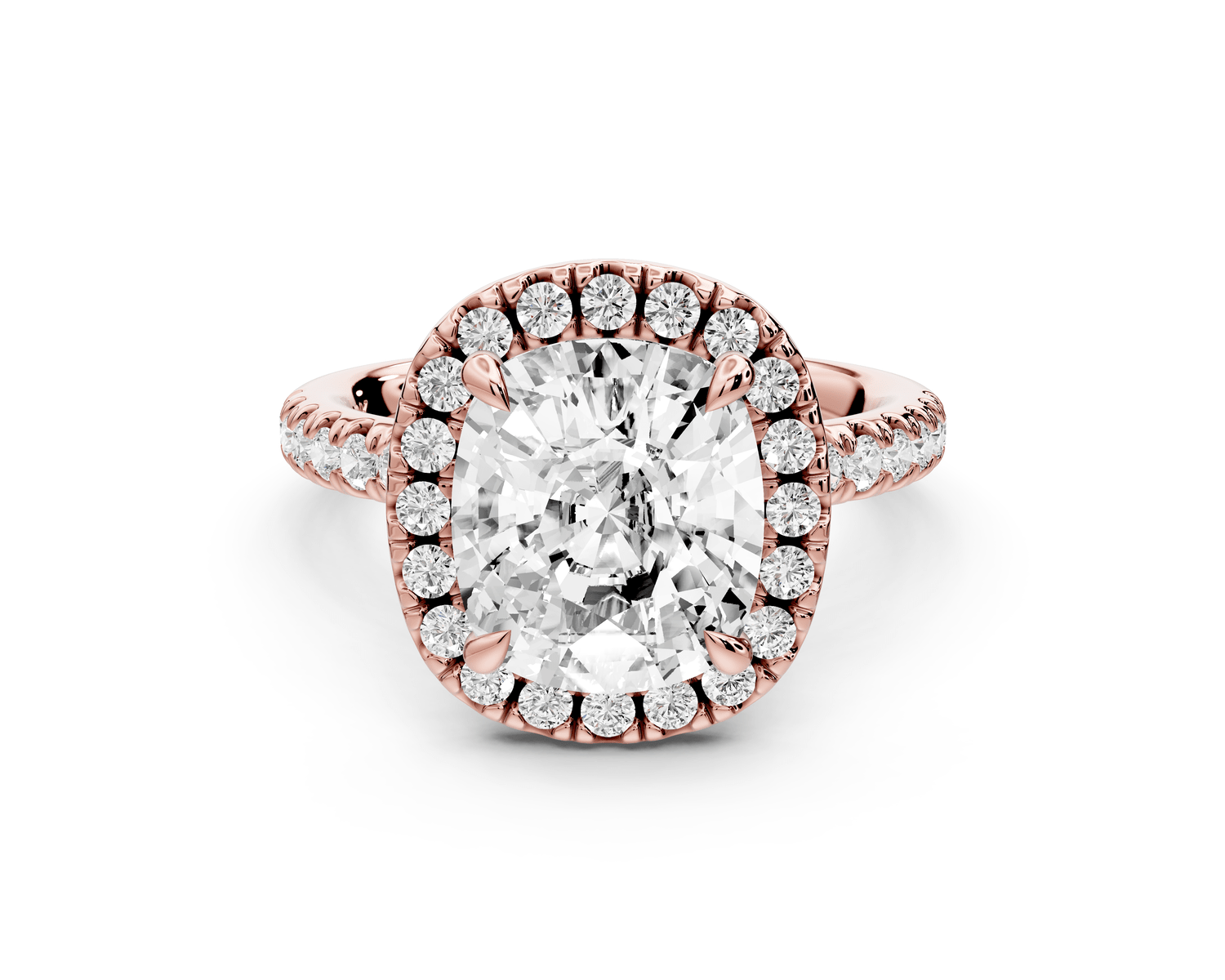 Marina - 4ct 18k rose gold cushion halo pavé half band engagement ring - Mr. Alex Jewelry