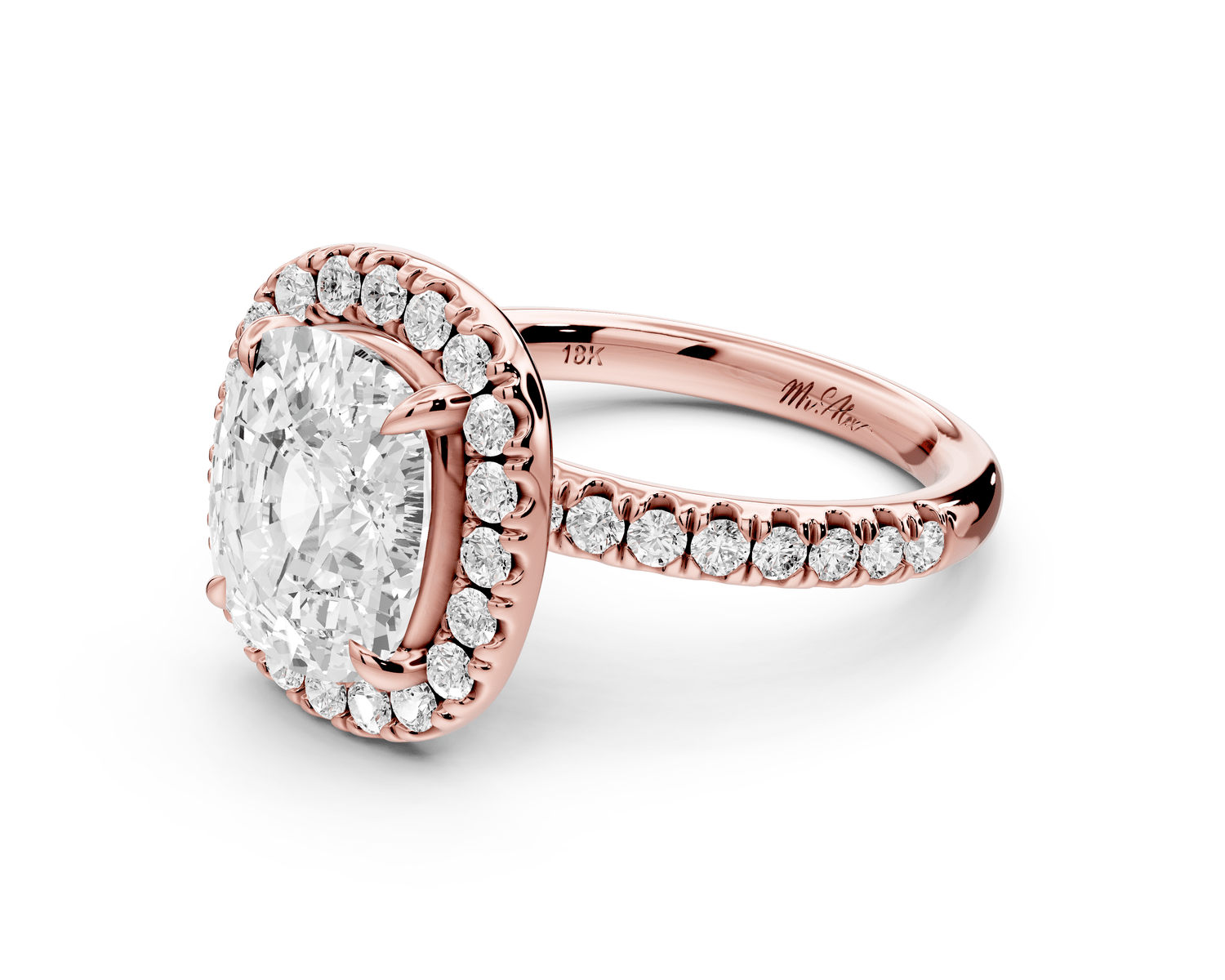 Marina - 4ct 18k rose gold ecushion halo pavé half band engagement ring - Mr. Alex Jewelry
