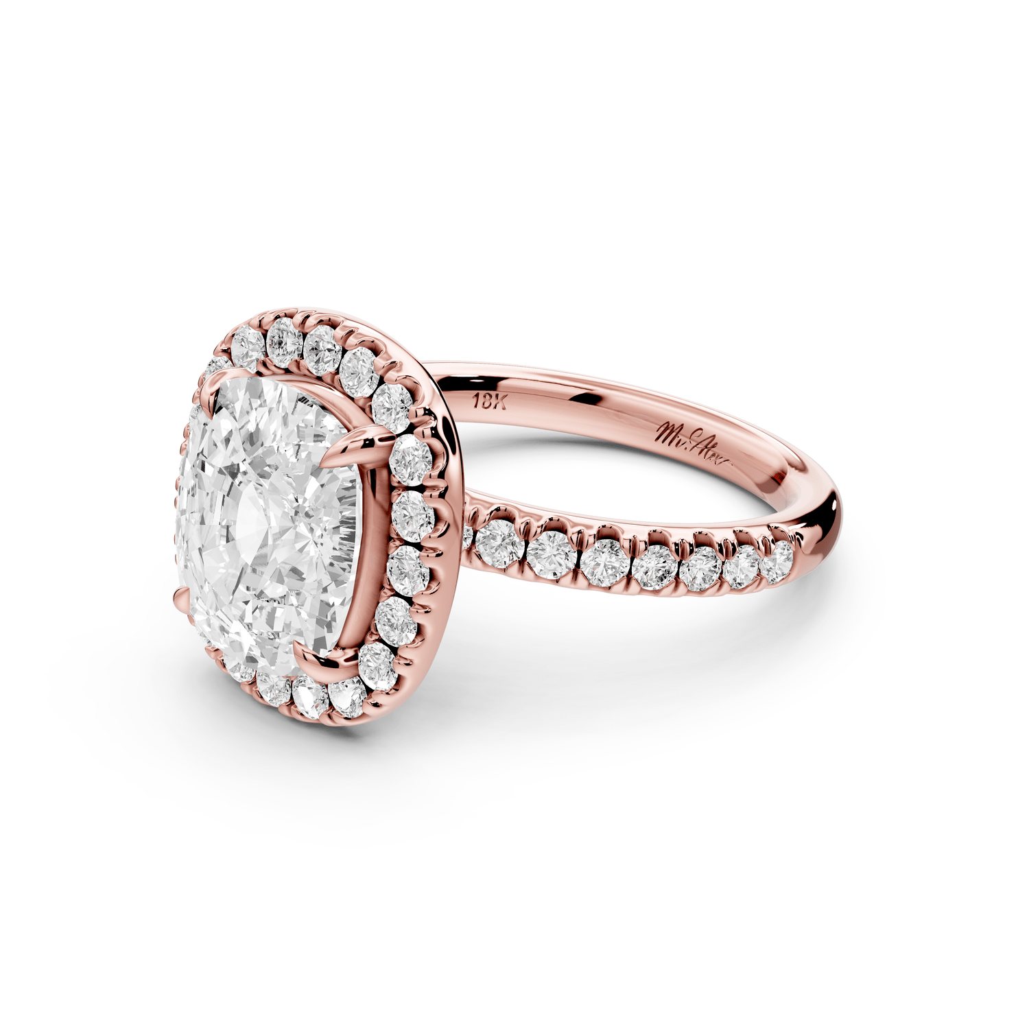 Marina - 4ct 18k rose gold ecushion halo pavé half band engagement ring - Mr. Alex Jewelry
