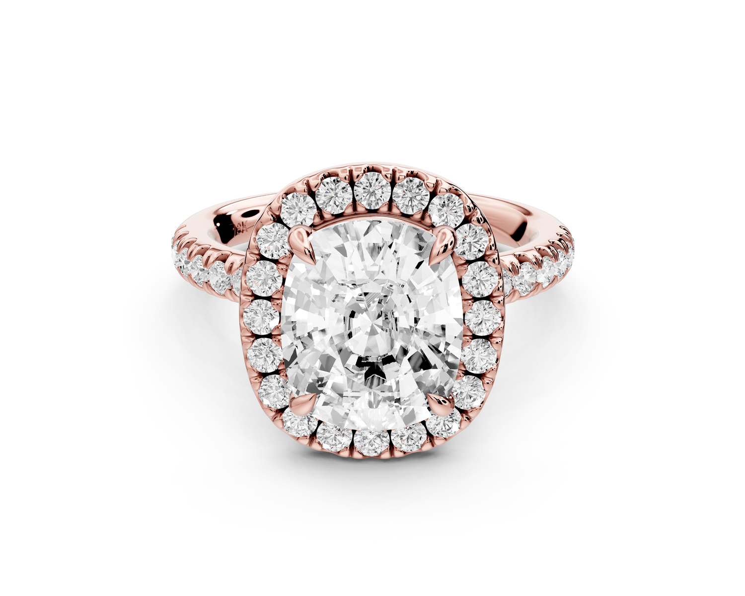 Marina - 4ct 18k rose gold ecushion halo pavé half band engagement ring - Mr. Alex Jewelry