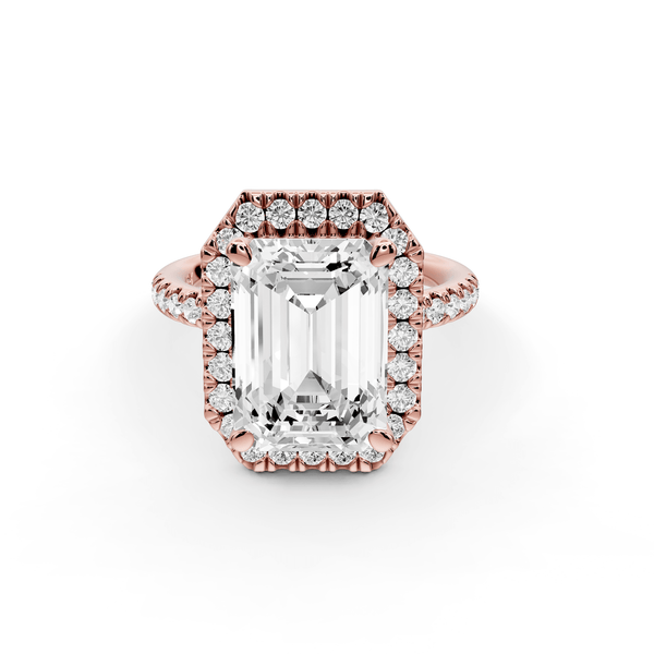 Marina - 4ct 18k rose gold emerald halo pavé half band engagment ring - Mr. Alex Jewelry