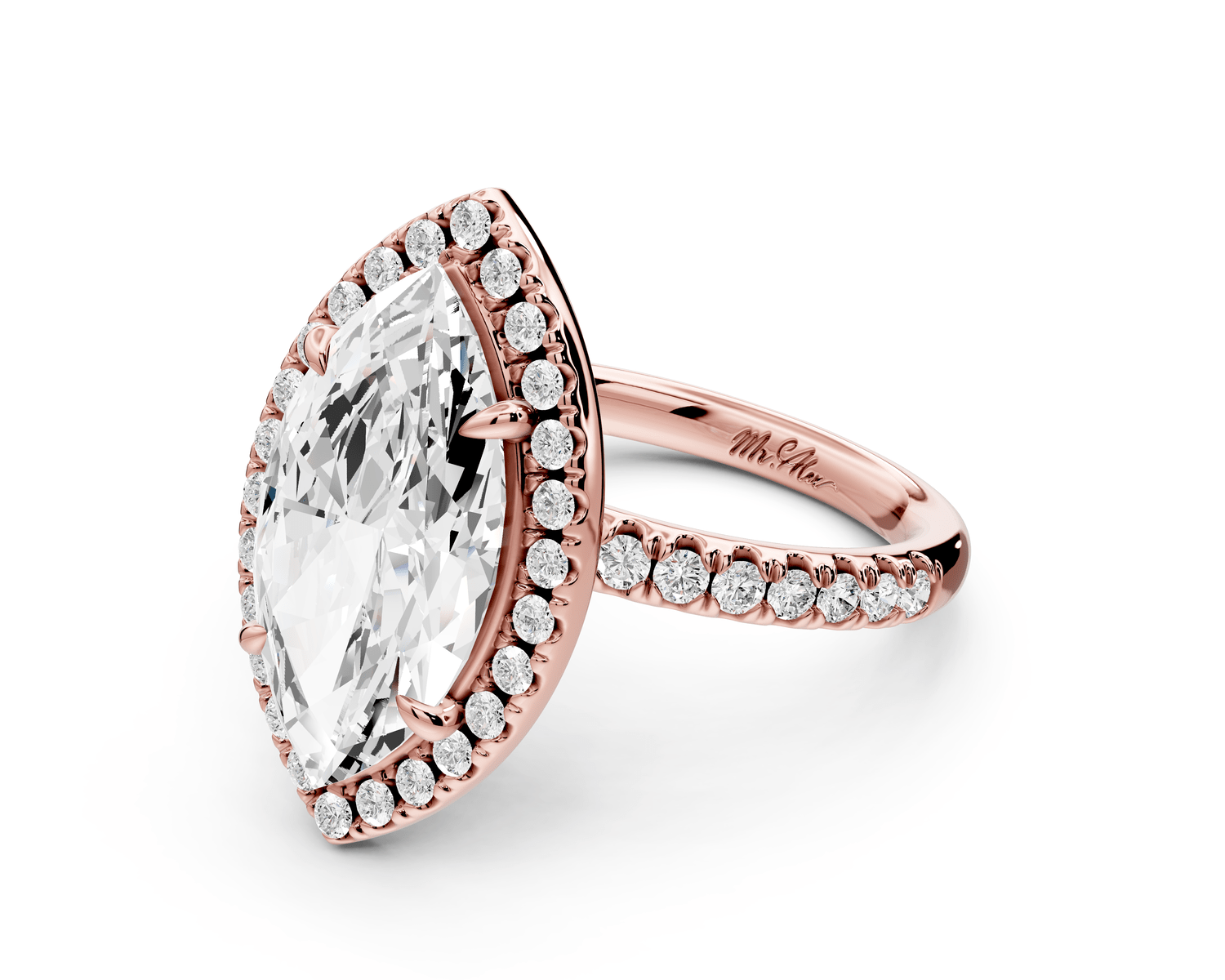 Marina - 4ct 18k rose gold marquise halo pavé half band engagement ring - Mr. Alex Jewelry
