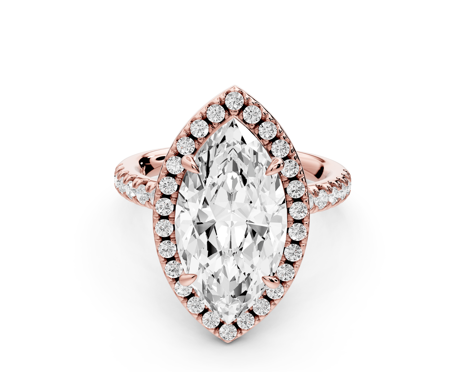 Marina - 4ct 18k rose gold marquise halo pavé half band engagement ring - Mr. Alex Jewelry