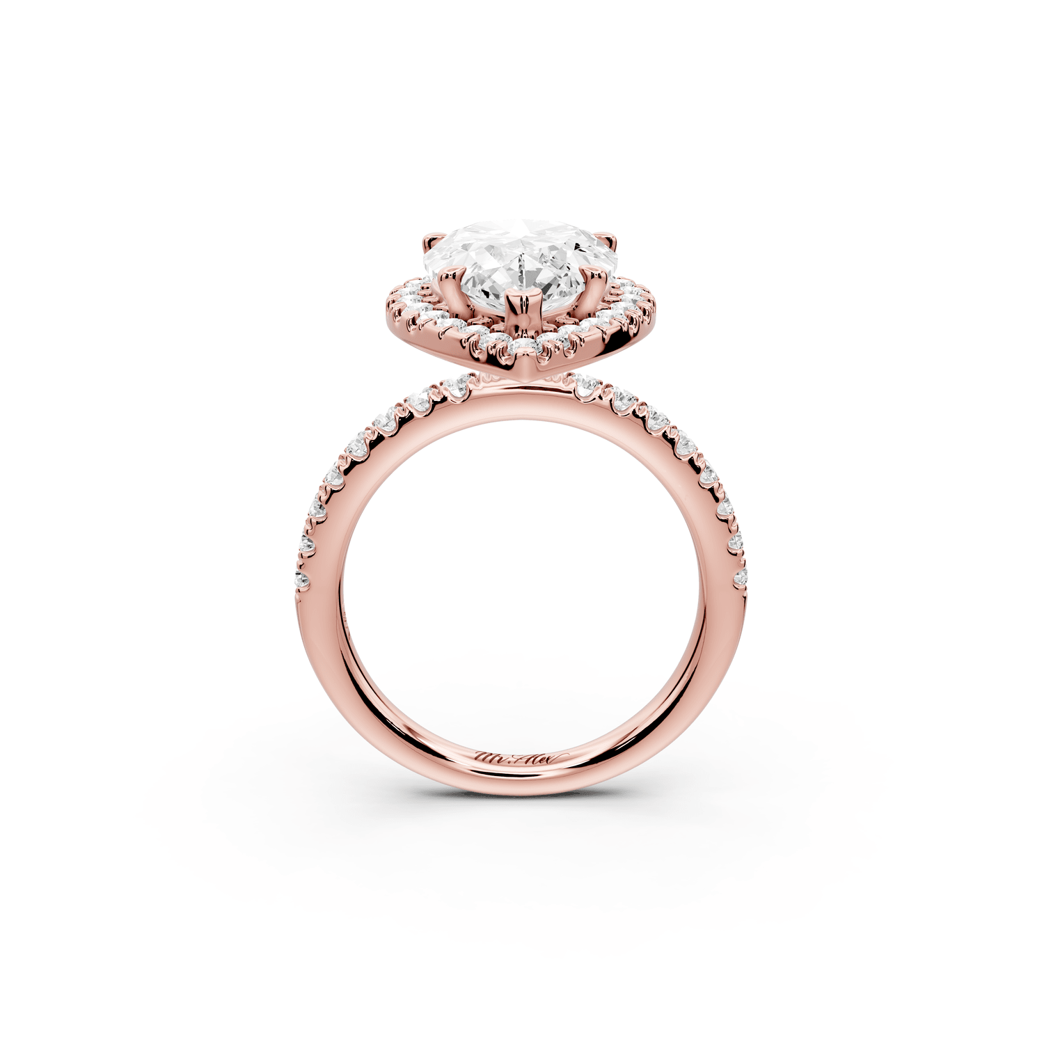 Marina - 4ct 18k rose gold pear halo pavé half band engagment ring - Mr. Alex Jewelry