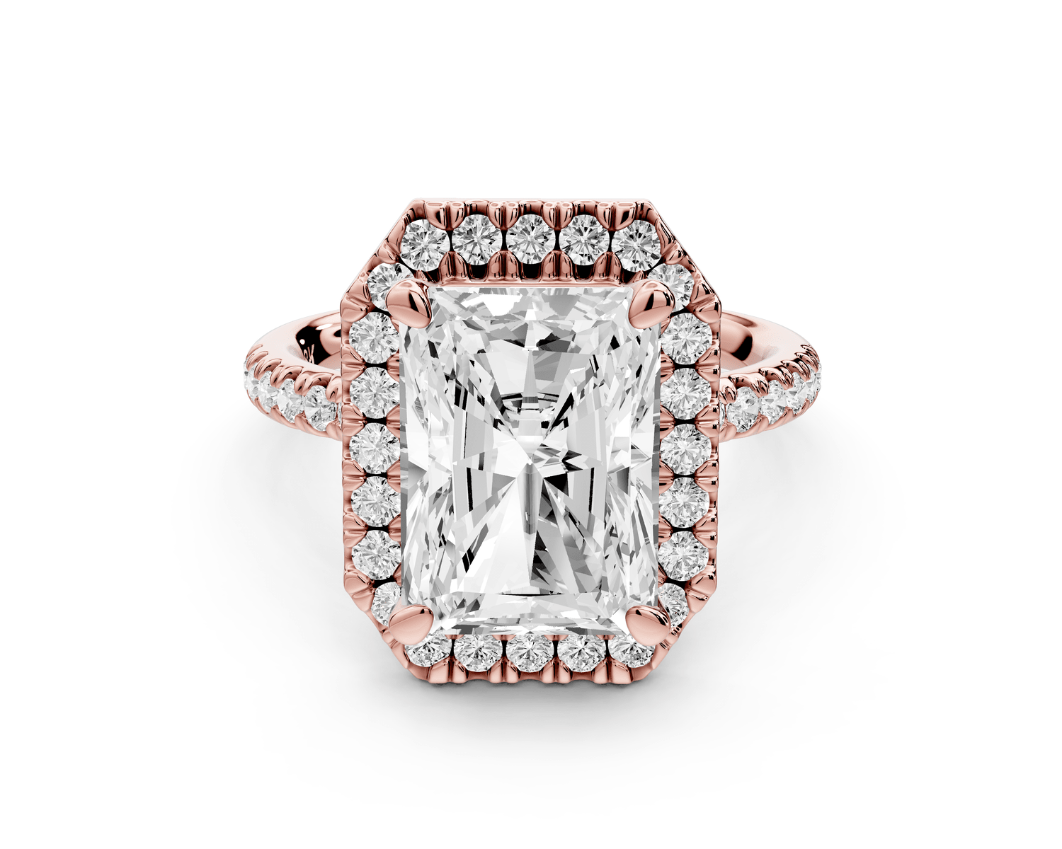 Marina - 4ct 18k rose gold radiant halo pavé half band engagement ring - Mr. Alex Jewelry