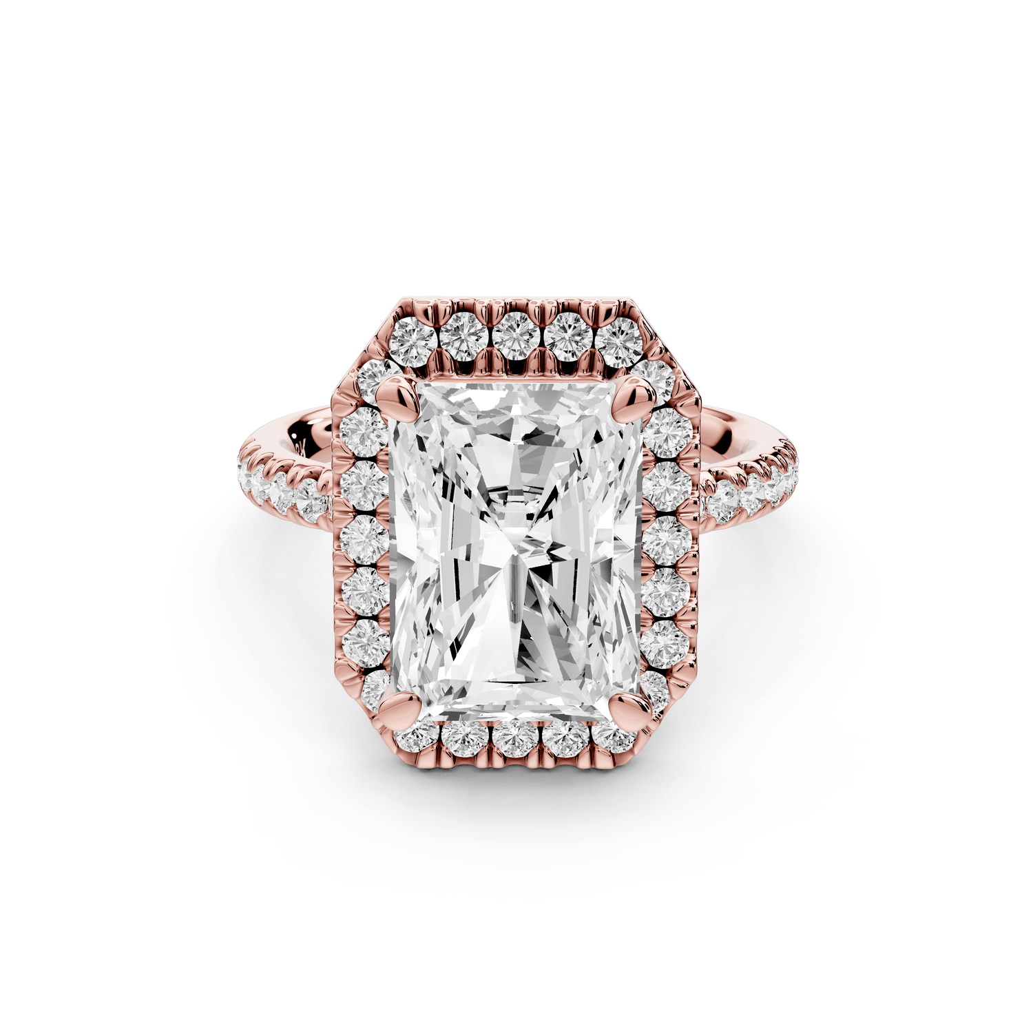 Marina - 4ct 18k rose gold radiant halo pavé half band engagement ring - Mr. Alex Jewelry