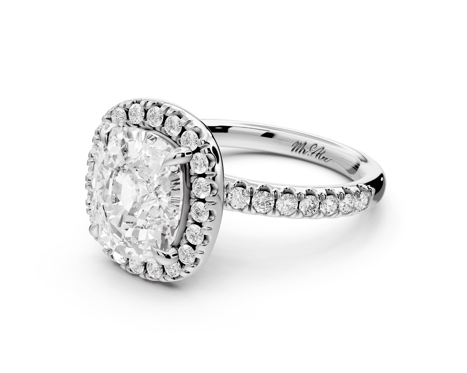 Marina - 4ct 18k white gold cushion halo pavé half band engagement ring - Mr. Alex Jewelry