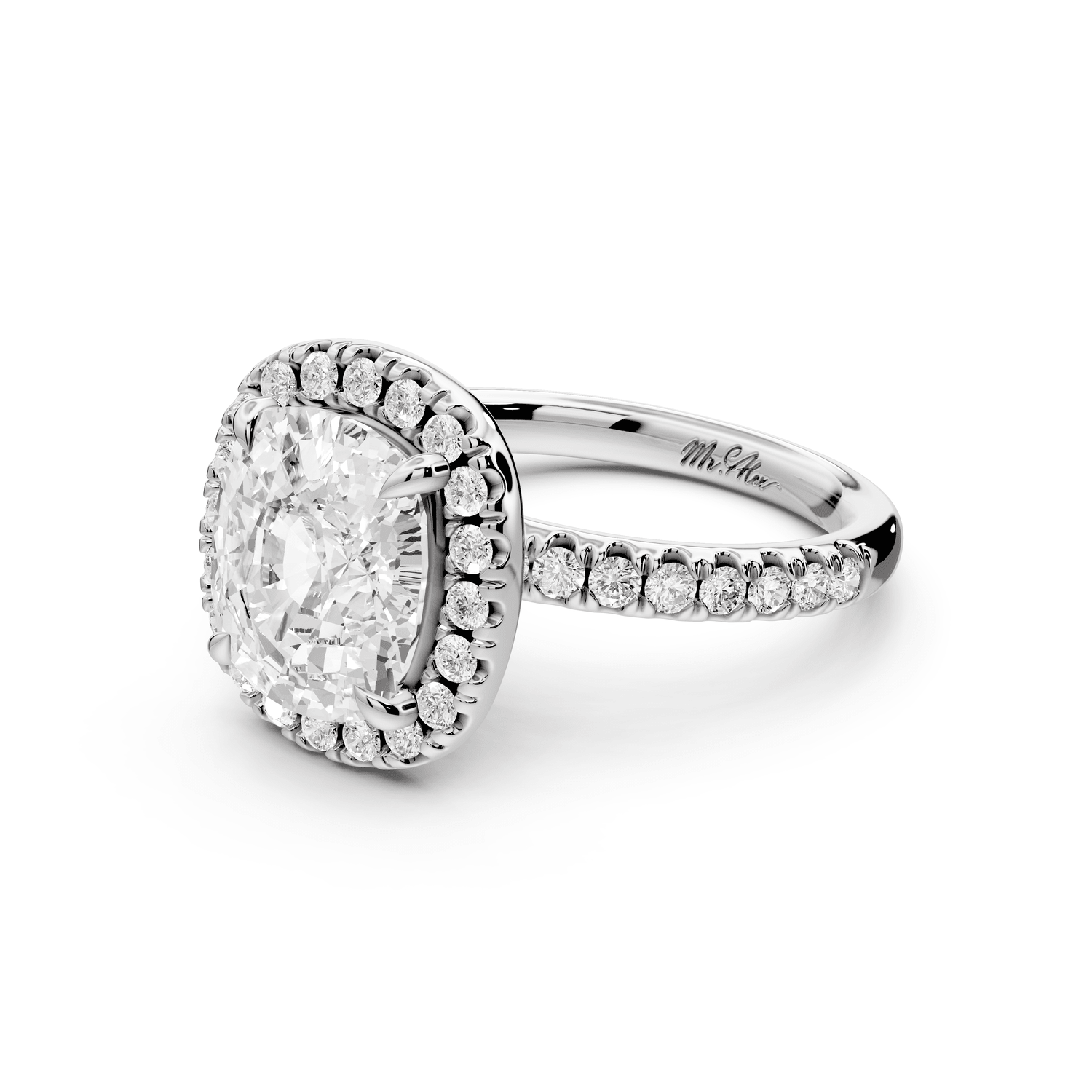 Marina - 4ct 18k white gold cushion halo pavé half band engagement ring - Mr. Alex Jewelry