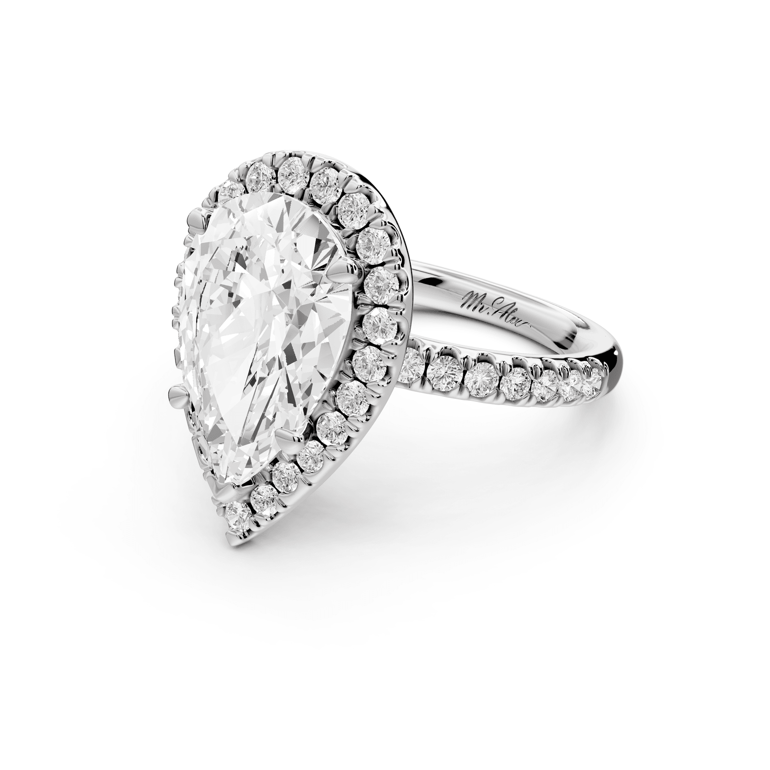 Marina - 4ct 18k white gold pear halo pavé half band engagment ring - Mr. Alex Jewelry