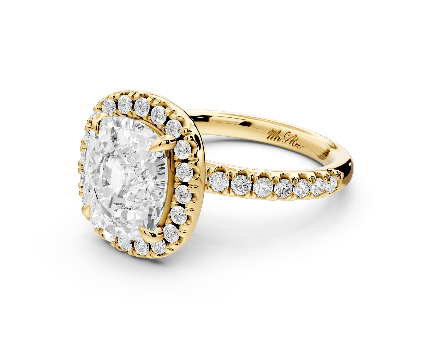 Marina - 4ct 18k yellow gold cushion halo pavé half band engagement ring - Mr. Alex Jewelry