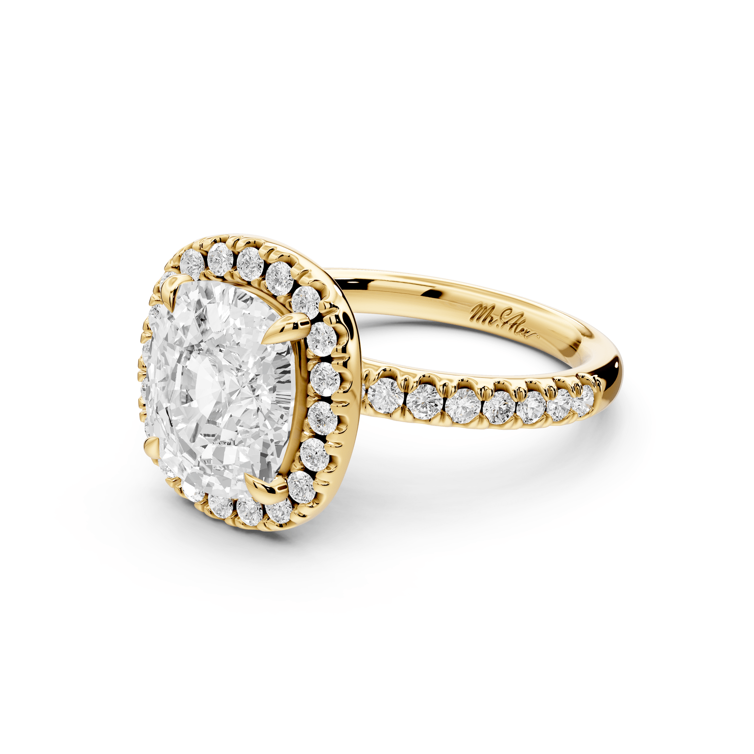 Marina - 4ct 18k yellow gold cushion halo pavé half band engagement ring - Mr. Alex Jewelry