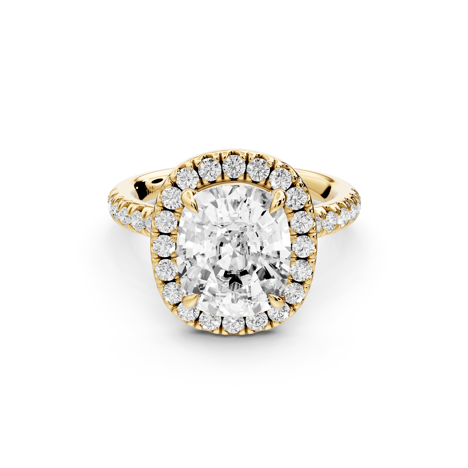 Marina - 4ct 18k yellow gold ecushion halo pavé half band engagement ring - Mr. Alex Jewelry
