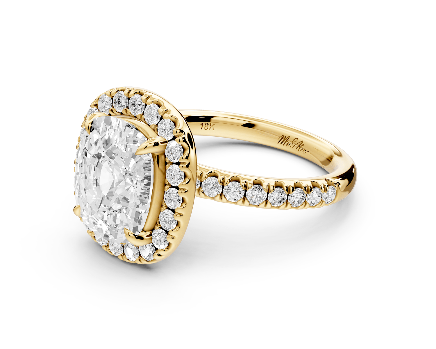 Marina - 4ct 18k yellow gold ecushion halo pavé half band engagement ring - Mr. Alex Jewelry