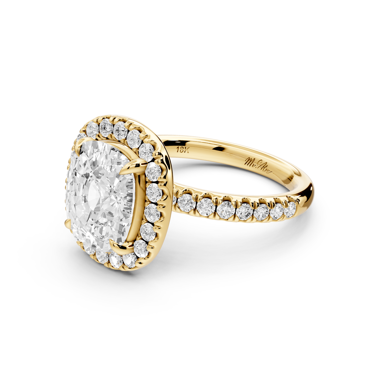 Marina - 4ct 18k yellow gold ecushion halo pavé half band engagement ring - Mr. Alex Jewelry
