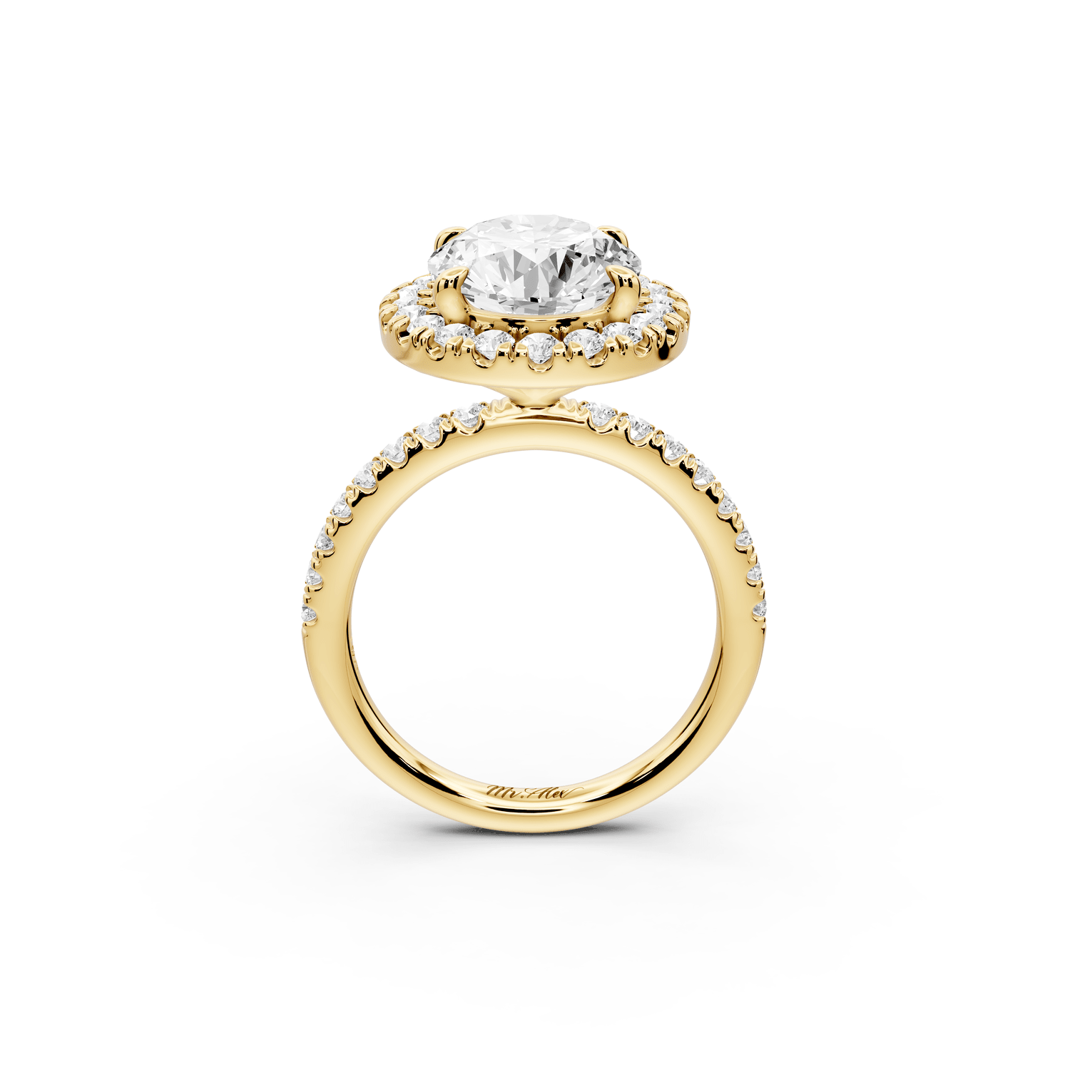 Marina - 4ct 18k yellow gold oval halo pavé half band engagment ring - Mr. Alex Jewelry