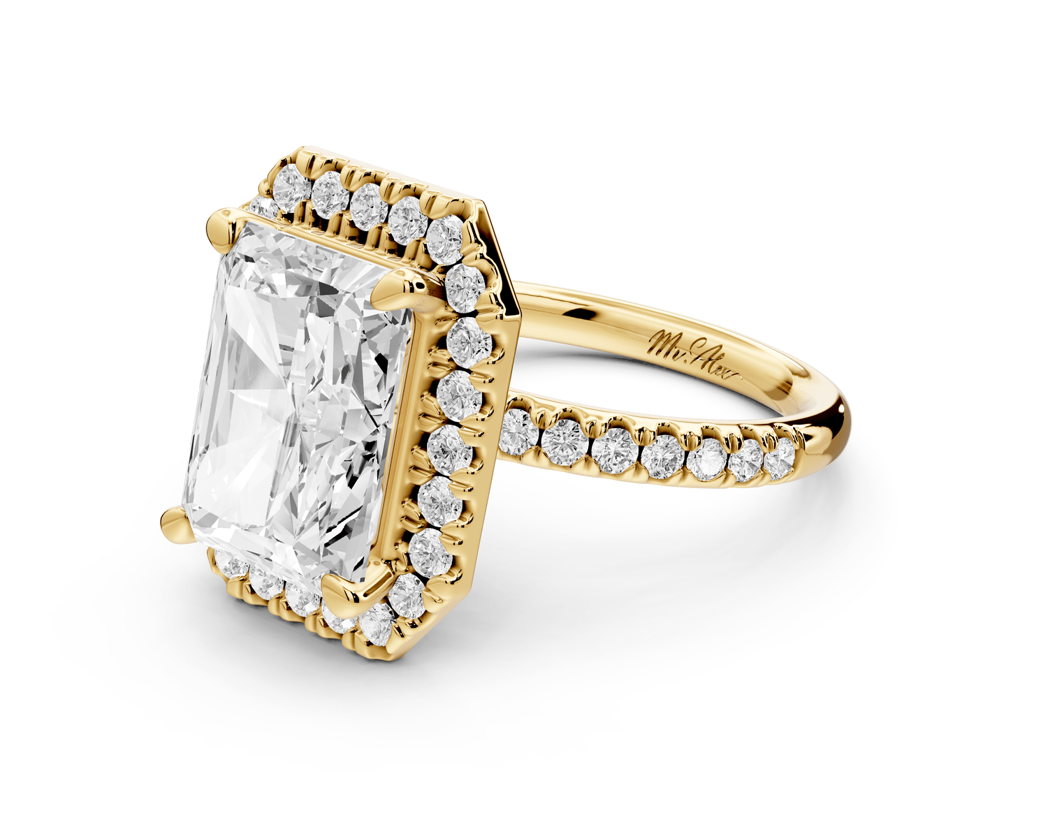 Marina - 4ct 18k yellow gold radiant halo pavé half band engagement ring - Mr. Alex Jewelry