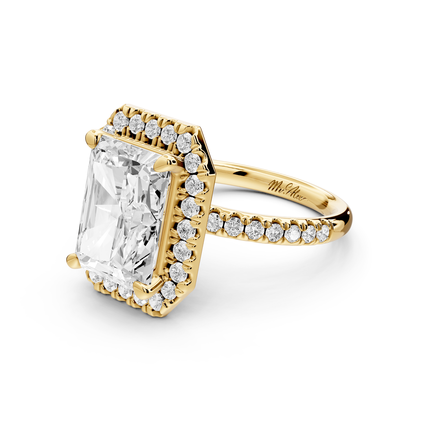 Marina - 4ct 18k yellow gold radiant halo pavé half band engagement ring - Mr. Alex Jewelry