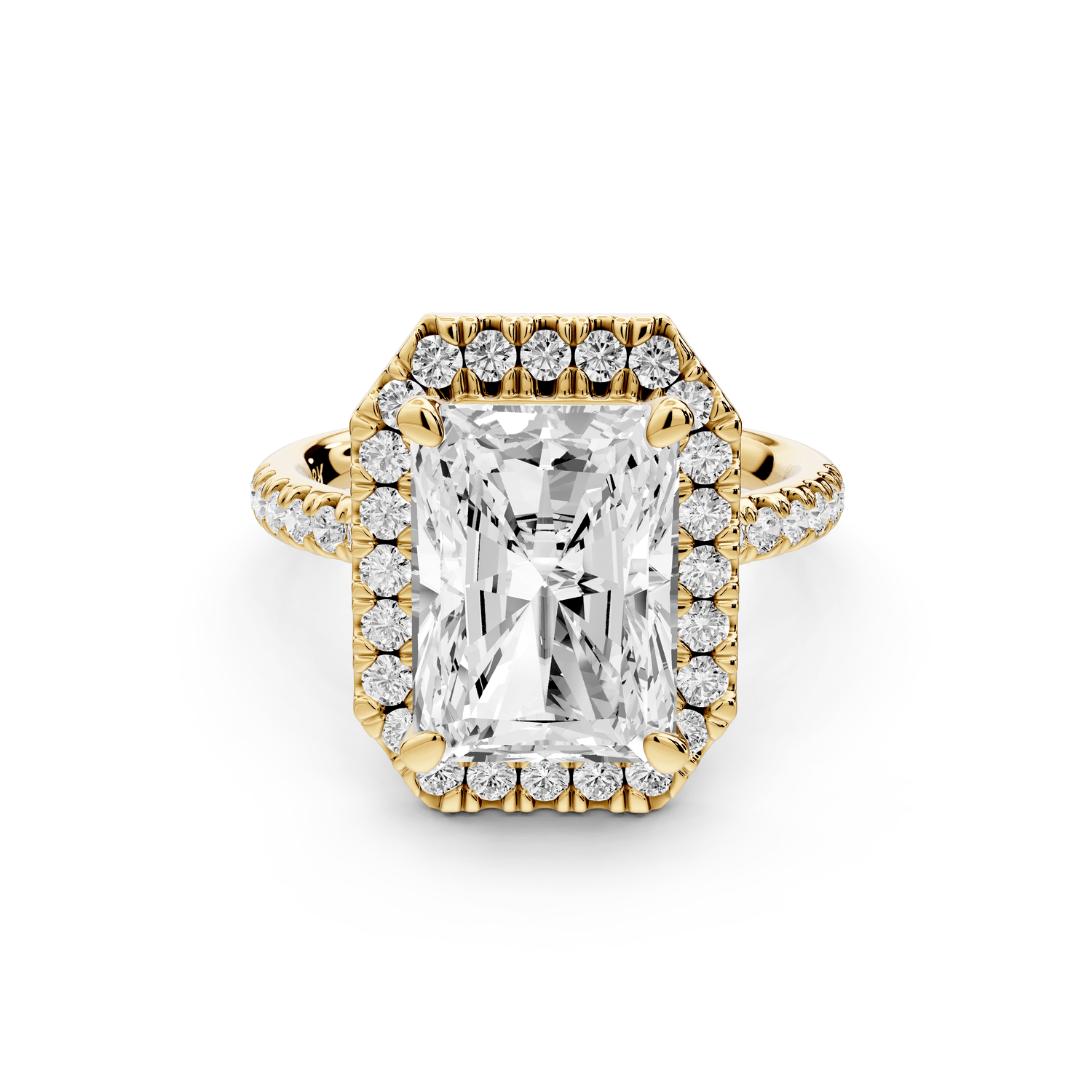 Marina - 4ct 18k yellow gold radiant halo pavé half band engagement ring - Mr. Alex Jewelry