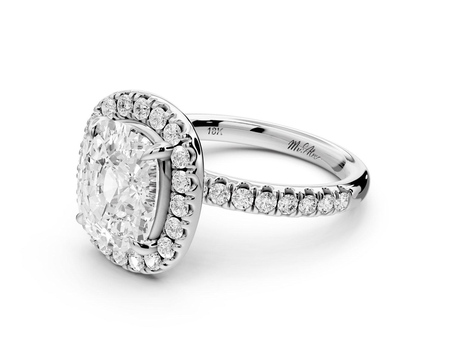 Marina - 4ct platinum ecushion halo pavé half band engagement ring - Mr. Alex Jewelry