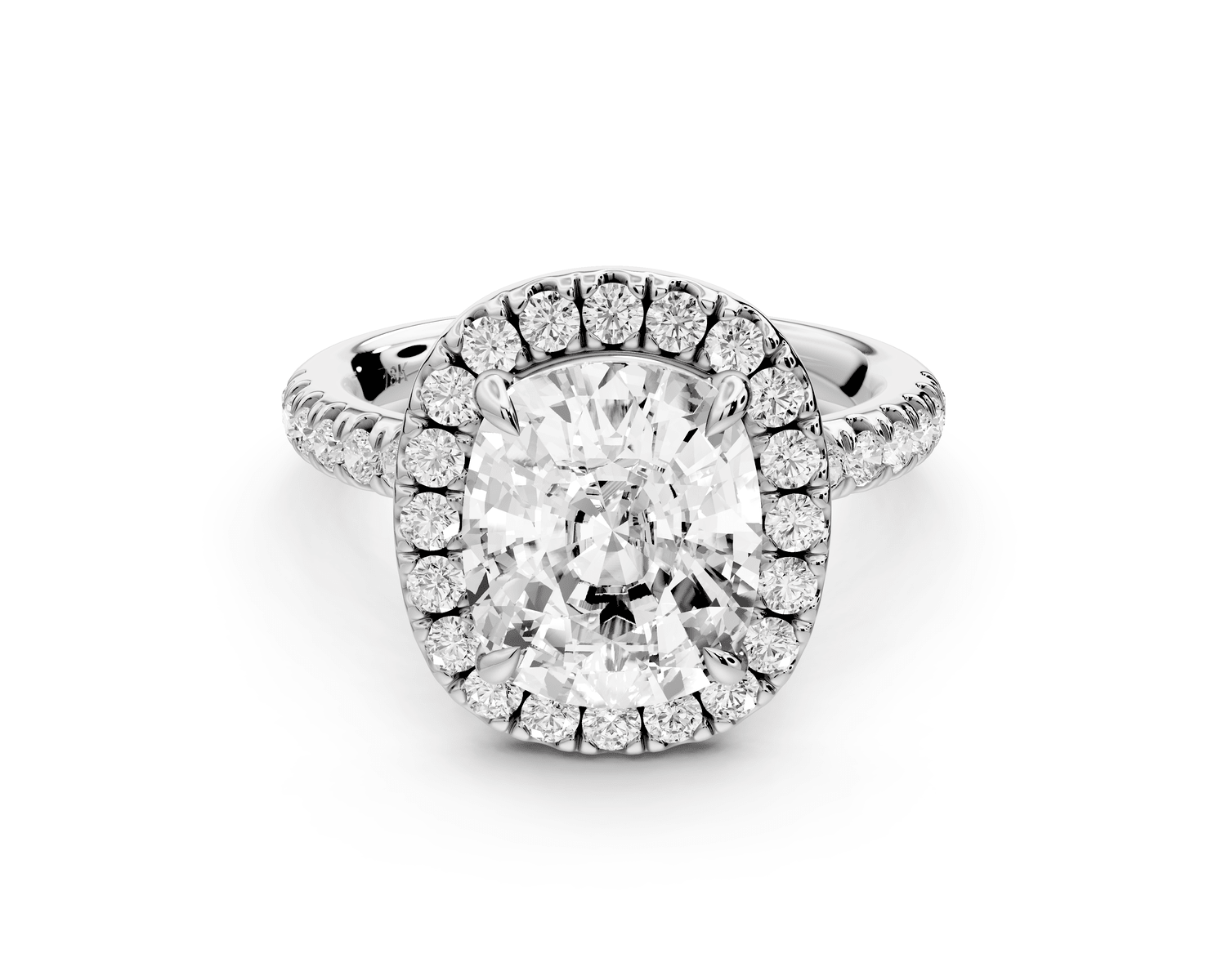 Marina - 4ct platinum ecushion halo pavé half band engagement ring - Mr. Alex Jewelry
