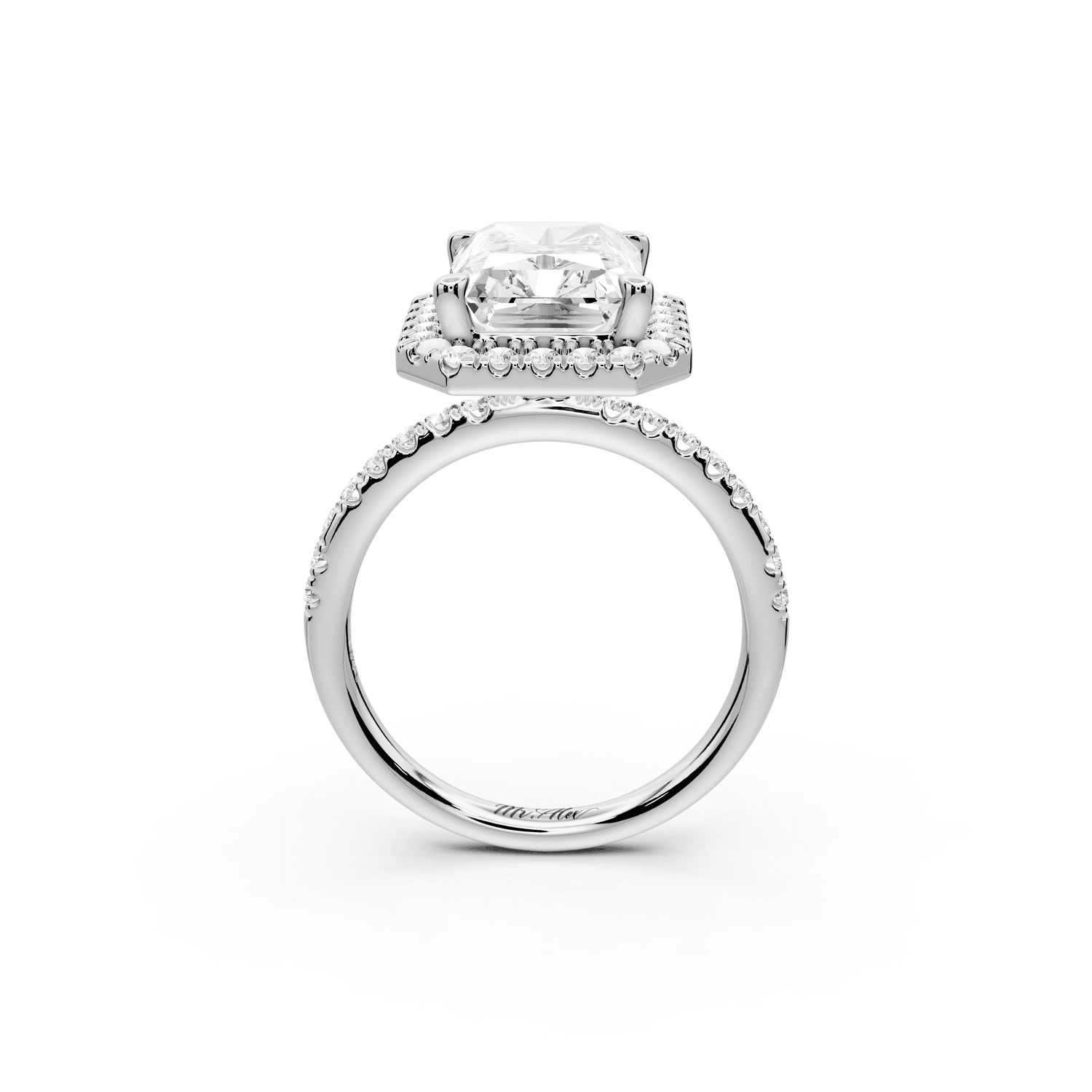 Marina - 4ct platinum radiant halo pavé half band engagement ring - Mr. Alex Jewelry