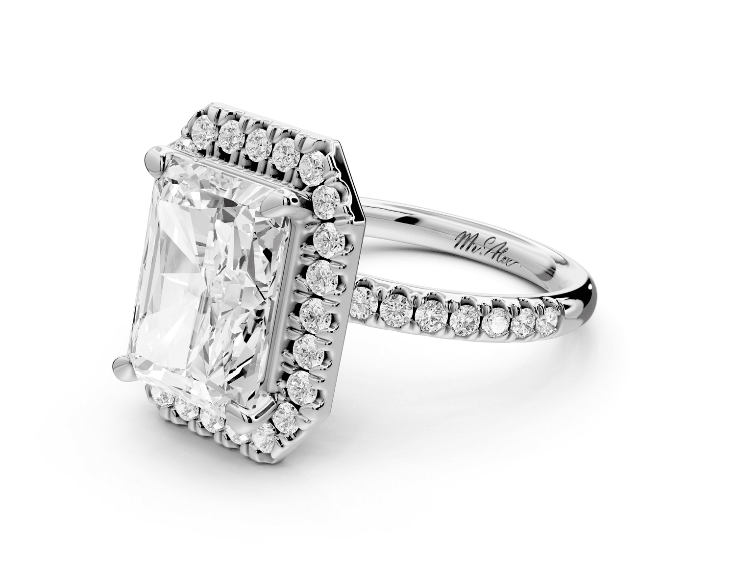 Marina - 4ct platinum radiant halo pavé half band engagement ring - Mr. Alex Jewelry