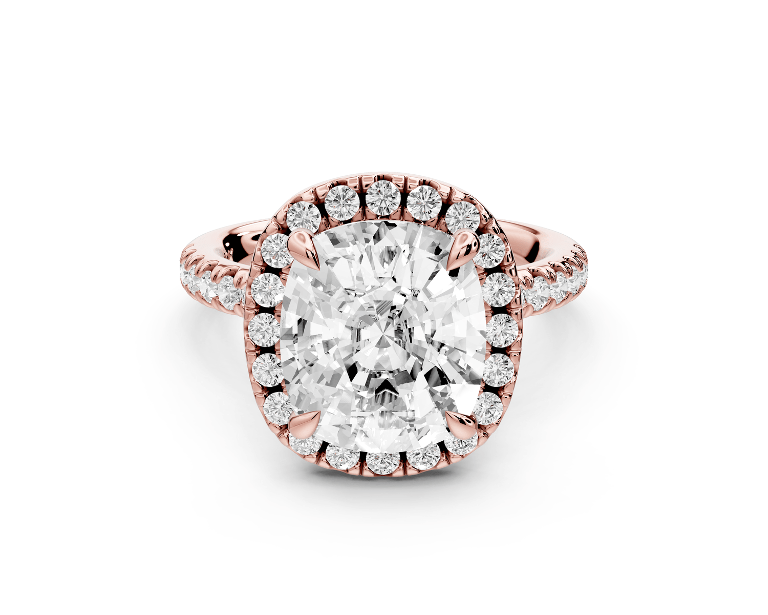 Marina - 5ct 14k rose gold cushion halo pavé half band engagement ring - Mr. Alex Jewelry
