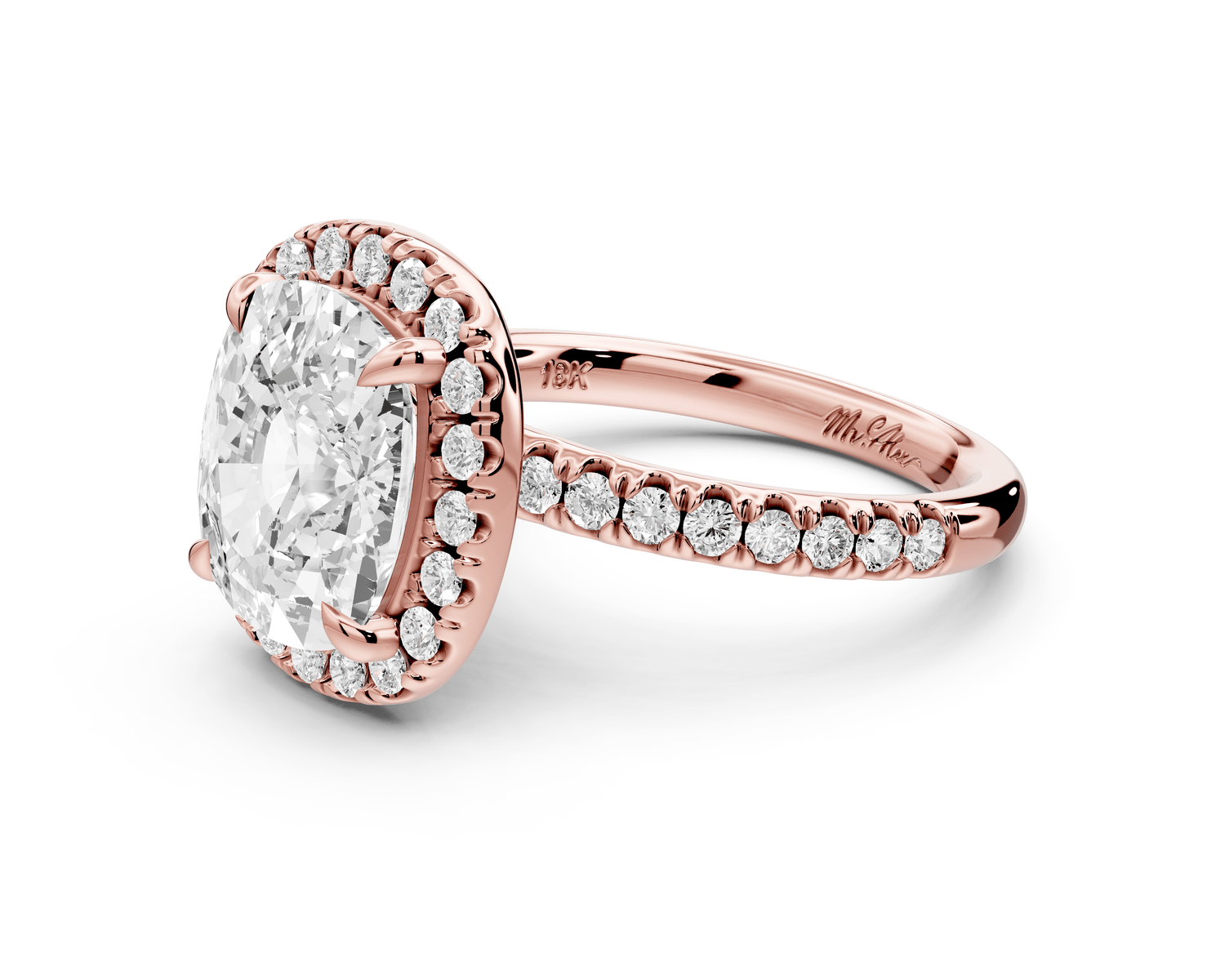 Marina - 5ct 14k rose gold cushion halo pavé half band engagement ring - Mr. Alex Jewelry