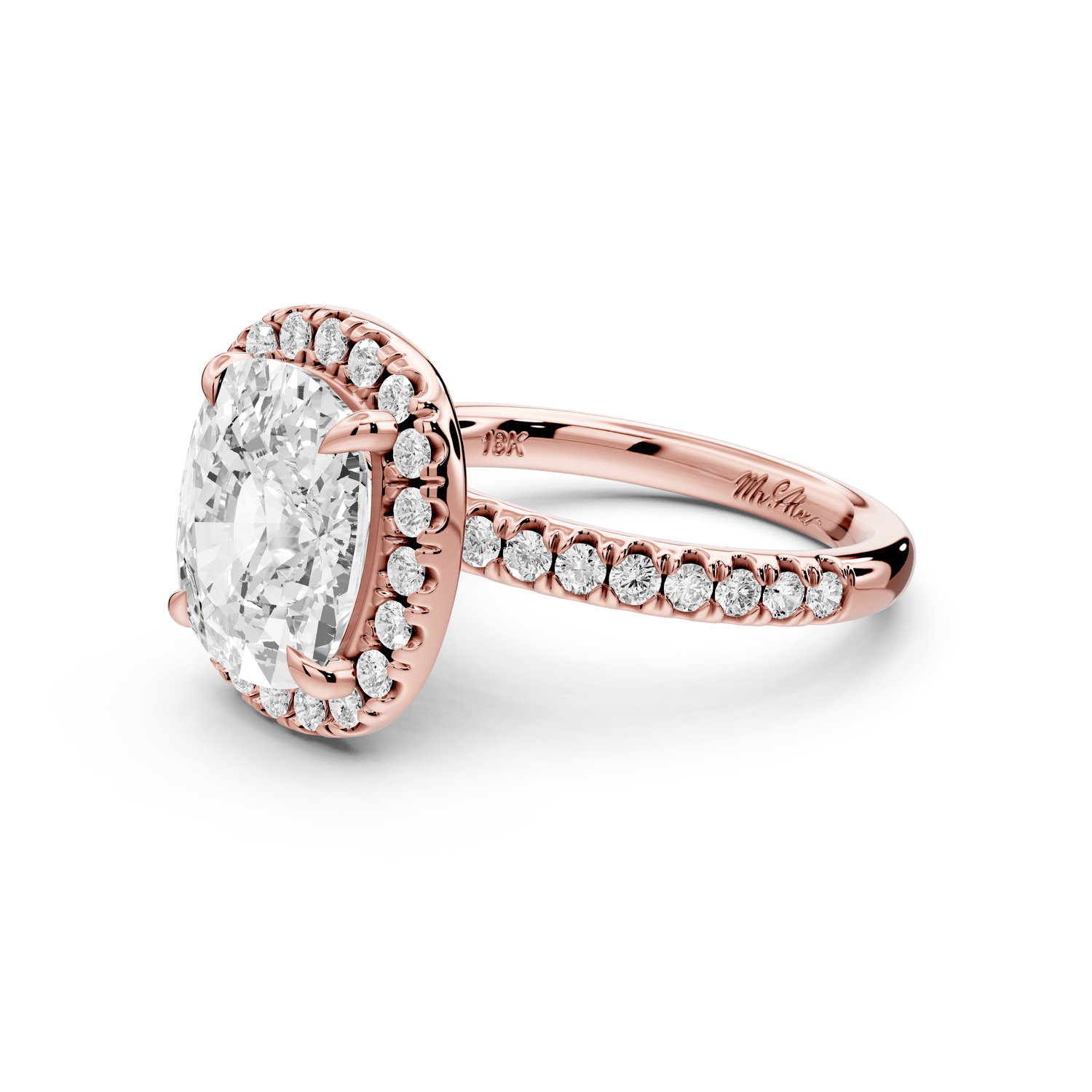 Marina - 5ct 14k rose gold cushion halo pavé half band engagement ring - Mr. Alex Jewelry
