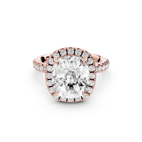 Marina - 5ct 14k rose gold ecushion halo pavé half band engagement ring - Mr. Alex Jewelry